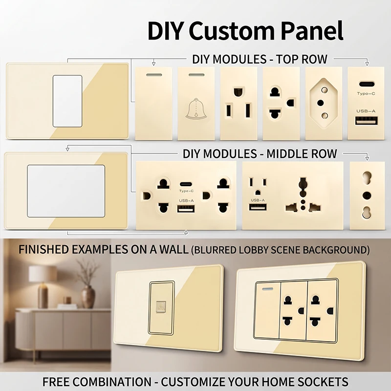 Modular DIY Wall Plate 2x4 inch Featuring Tempered Glass, NEMA 5-15R Duplex Outlet & US/EU/Italy/Chile Socket Modules
Modular DIY Wall Plate 2x4 inch Featuring Tempered Glass, NEMA 5-15R Duplex Outlet & US/EU/Italy/Chile Socket Modules