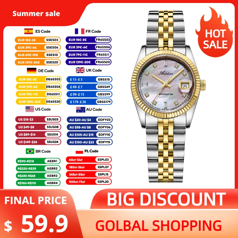 Addies 28mm Couple Watch New Sapphire Glass 316L Stainless Steel Outdoor Sport Diving Quartz Wristwatch Men and Women Love Gift
Addies 28mm Couple Watch New Sapphire Glass 316L Stainless Steel Outdoor Sport Diving Quartz Wristwatch Men and Women Love Gift