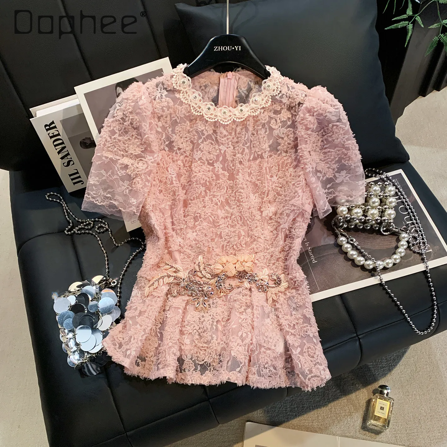 Beaded Crew Neck Lace Heavy Industry Embroidery Rhinestone Skinny Short Sleeve Shirt French Temperament Celebrity Sweet Pink Top
Beaded Crew Neck Lace Heavy Industry Embroidery Rhinestone Skinny Short Sleeve Shirt French Temperament Celebrity Sweet Pink Top