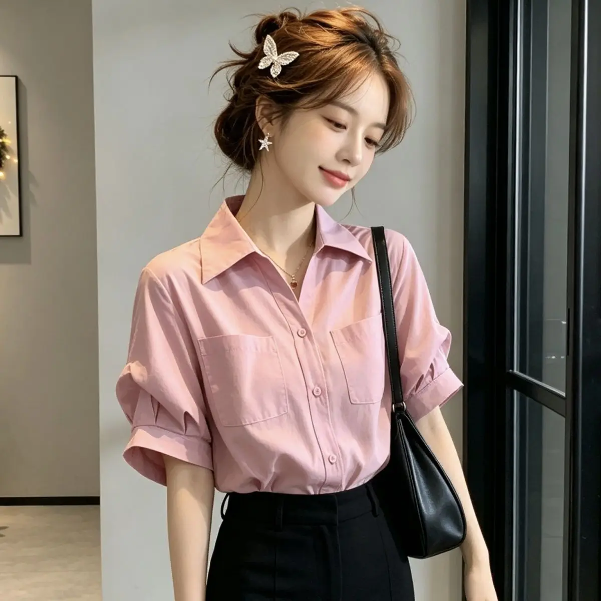 Unique Pink Purple Short Sleeve Collar Shirt Women's Spring Summer New Style Beautiful Anti-Aging Commute Top
Unique Pink Purple Short Sleeve Collar Shirt Women's Spring Summer New Style Beautiful Anti-Aging Commute Top