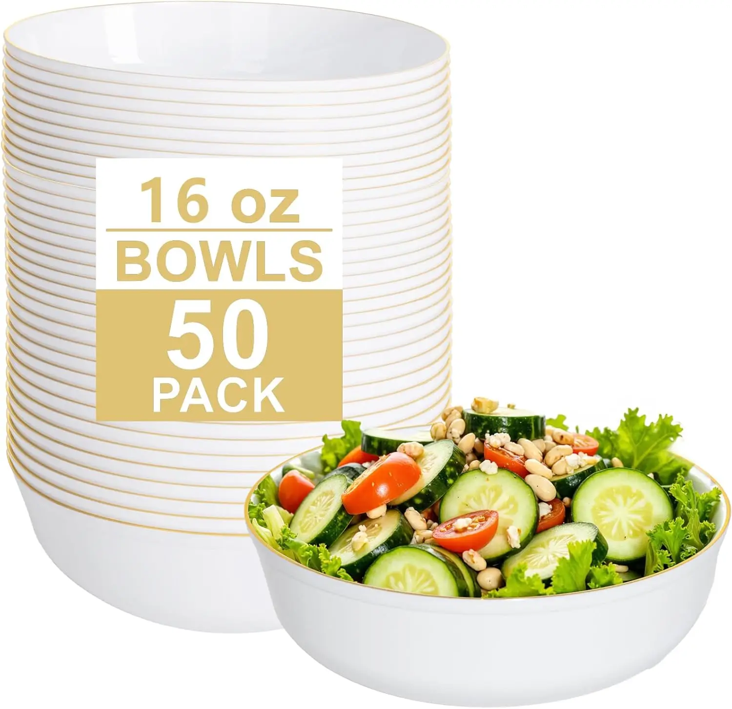 50 Pack 16 oz Disposable Plastic Bowls with Gold Rim, Premium Heavy Duty Soup Bowls for Weddings & Parties
50 Pack 16 oz Disposable Plastic Bowls with Gold Rim, Premium Heavy Duty Soup Bowls for Weddings & Parties