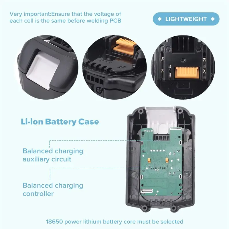 [NEW!A93G】 For 18V BL1860B 6.0Ah Lithium Battery Case BMS PCBA Balance Charging Protection Board Shell BL1830 LED Indicat
[NEW!A93G】 For 18V BL1860B 6.0Ah Lithium Battery Case BMS PCBA Balance Charging Protection Board Shell BL1830 LED Indicat