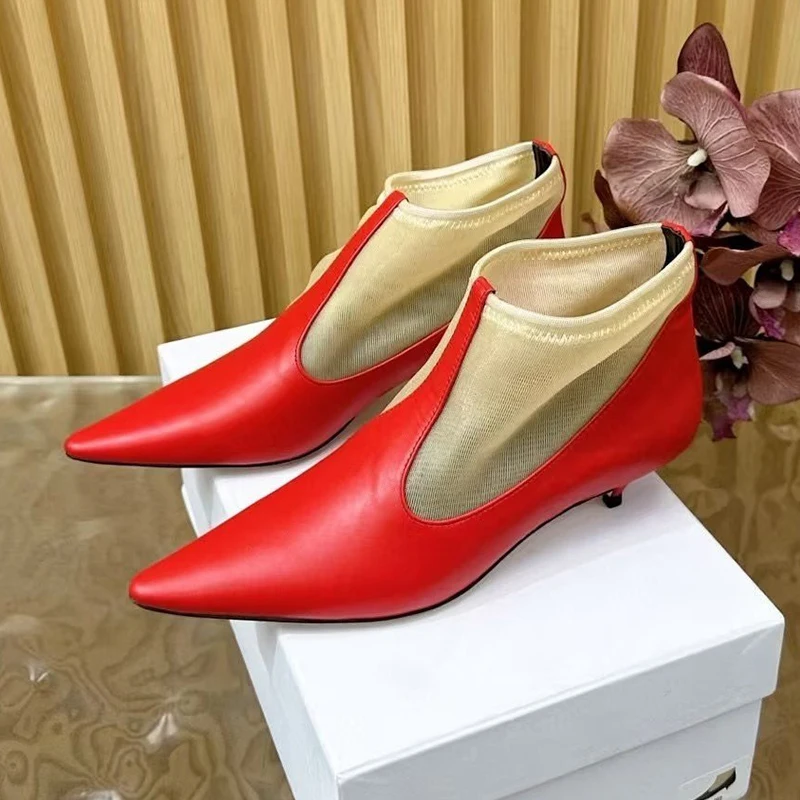 New Genuine Leather Mesh Splicing Ankle Botas Women Pointed Toe Solid Color Kitten Heels Short Boots Spring Autumn Modern Boots
New Genuine Leather Mesh Splicing Ankle Botas Women Pointed Toe Solid Color Kitten Heels Short Boots Spring Autumn Modern Boots