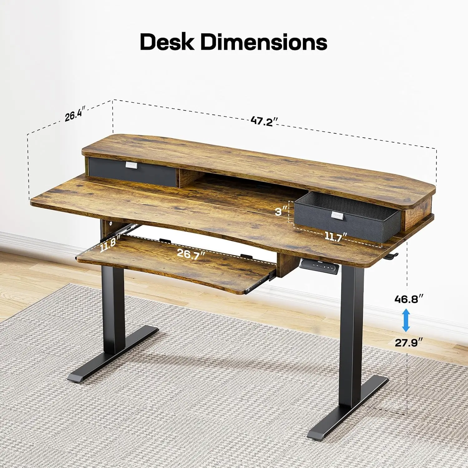 48 x 26 Inch Electric Height Adjustable Standing Desk with 2 Drawers & 26.7" Keyboard Tray, Compatible with C-Clamp, Customized
48 x 26 Inch Electric Height Adjustable Standing Desk with 2 Drawers & 26.7" Keyboard Tray, Compatible with C-Clamp, Customized