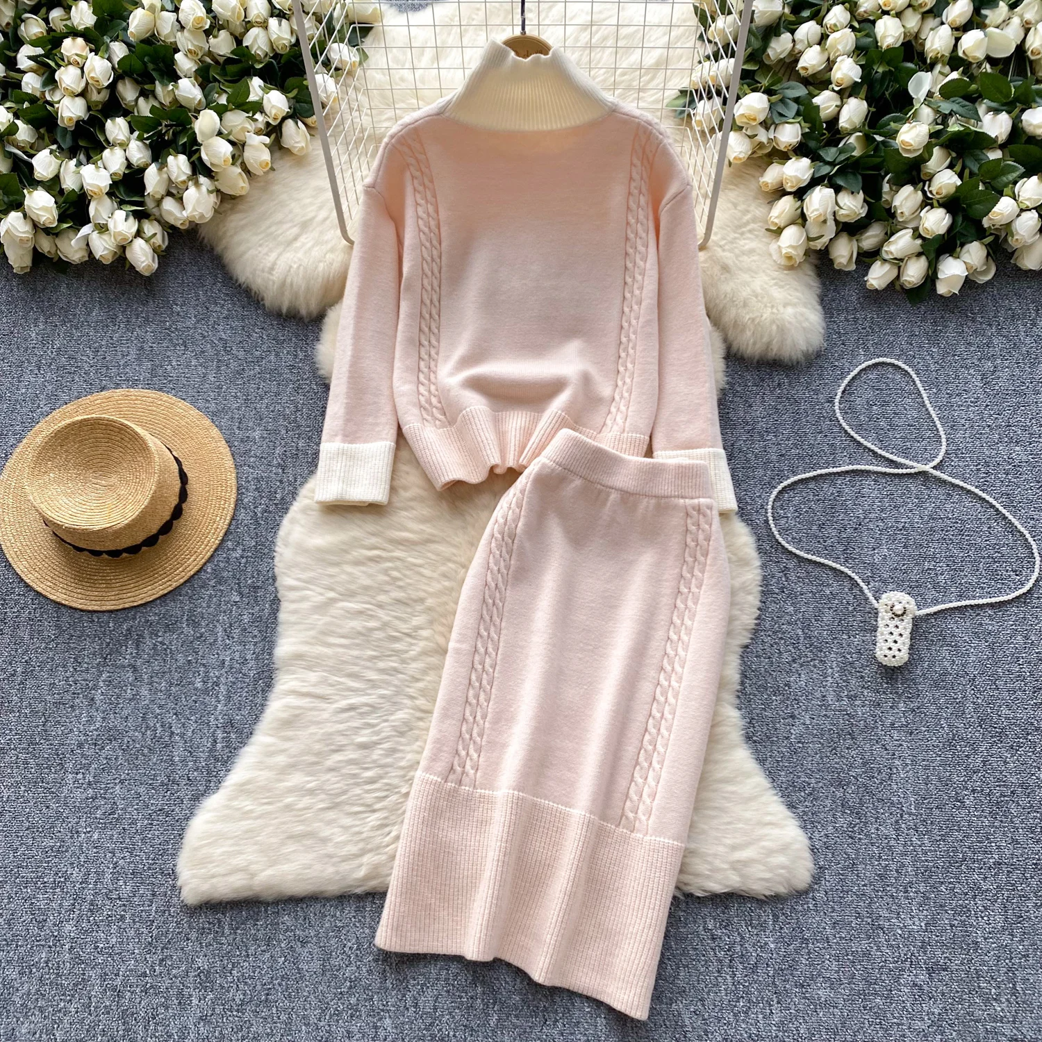 Women's Autumn/Winter Set Color Contrasting High Collar Loose Versatile Long Sleeve Knitted Sweater+Tight Skirt Two Piece Sets
Women's Autumn/Winter Set Color Contrasting High Collar Loose Versatile Long Sleeve Knitted Sweater+Tight Skirt Two Piece Sets