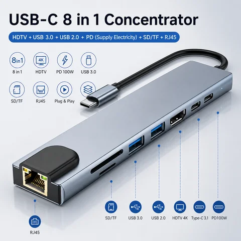 Compact 8‑in‑1 USB‑C Hub, USB‑C Docking Station with 100M Ethernet Port, USB 3.0, 4K Ultra HD Output, SD & TF Card Reader for Laptops