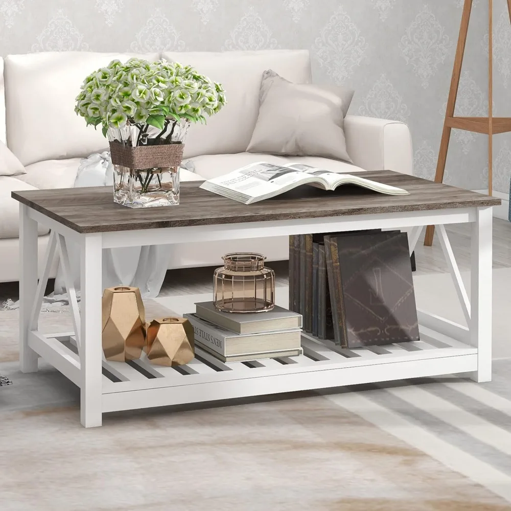 Farmhouse Coffee Table for Living Room, 2-Tier Rectangular Wooden Centre Cocktail Table with Slats Shelf Storage and V-Shaped Fr
Farmhouse Coffee Table for Living Room, 2-Tier Rectangular Wooden Centre Cocktail Table with Slats Shelf Storage and V-Shaped Fr