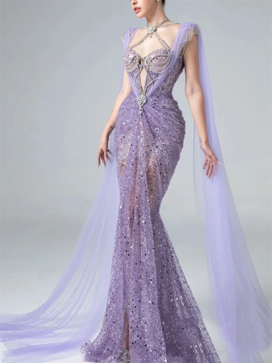 Sexy Halter Backless Slim Bodycon Mermaid Evening Dress Women Purple Sequins Beading Party Gown
Sexy Halter Backless Slim Bodycon Mermaid Evening Dress Women Purple Sequins Beading Party Gown