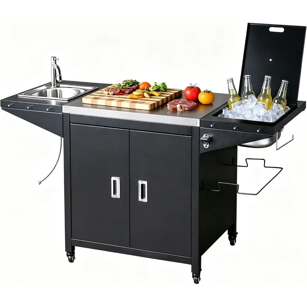 Portable Outdoor BBQ Cart with Refrigerated Beverage Section, Stainless Steel Sink, Rolling Prep Table, and Storage Cabinet
Portable Outdoor BBQ Cart with Refrigerated Beverage Section, Stainless Steel Sink, Rolling Prep Table, and Storage Cabinet