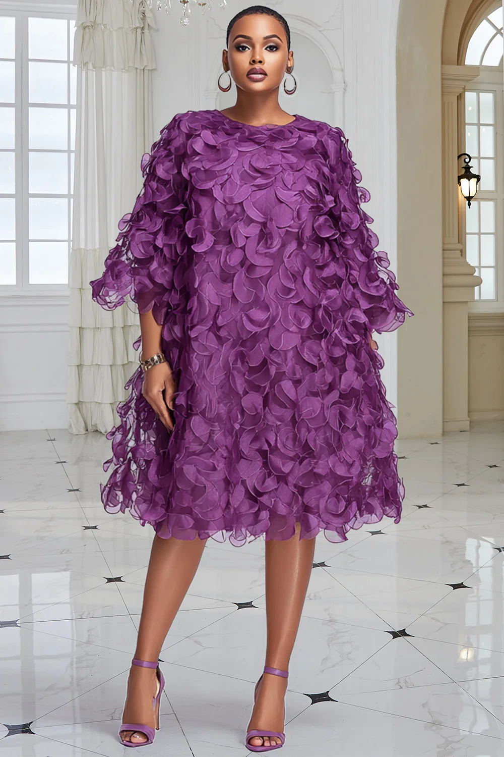 Plus Size Wedding Guest Purple Round Neck Flare 3/4 Sleeve 3D Elegant Midi Dresses
Plus Size Wedding Guest Purple Round Neck Flare 3/4 Sleeve 3D Elegant Midi Dresses