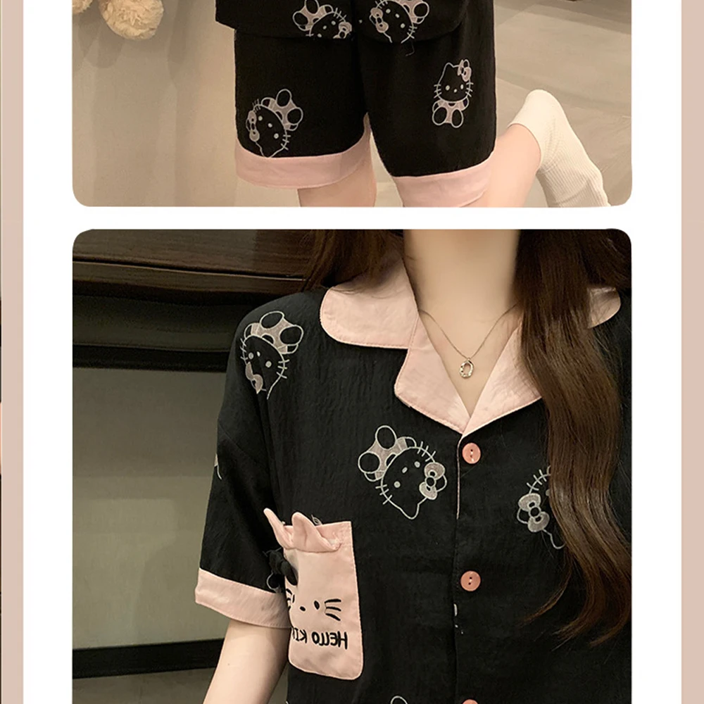 New Anime Hello Kitty Women's Summer Pajama Set Sanrio Cardigan Lapel T-Shirt Shorts with Padded Cups Cute Girl Homewear Pajamas
New Anime Hello Kitty Women's Summer Pajama Set Sanrio Cardigan Lapel T-Shirt Shorts with Padded Cups Cute Girl Homewear Pajamas