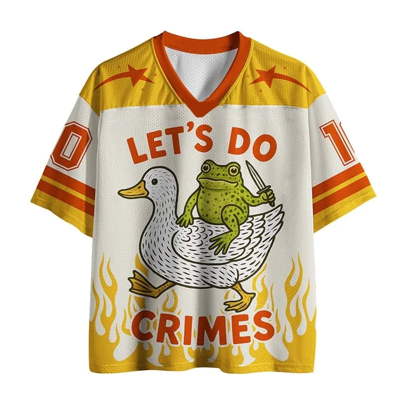 Fun "Let's Do Crimes" Children's Adult Jersey T-shirt Funny Frog Duck Print Mesh Breathable V-neck Short Sleeved Couple Style
Fun "Let's Do Crimes" Children's Adult Jersey T-shirt Funny Frog Duck Print Mesh Breathable V-neck Short Sleeved Couple Style