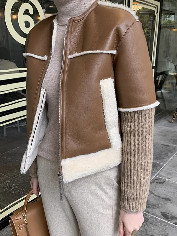 Retro Sle round Ne Knitted Faux Leather eepskin Coat Women's Jaet Mixed Material Biker Sle Warmth Comfortable Fit
Retro Sle round Ne Knitted Faux Leather eepskin Coat Women's Jaet Mixed Material Biker Sle Warmth Comfortable Fit