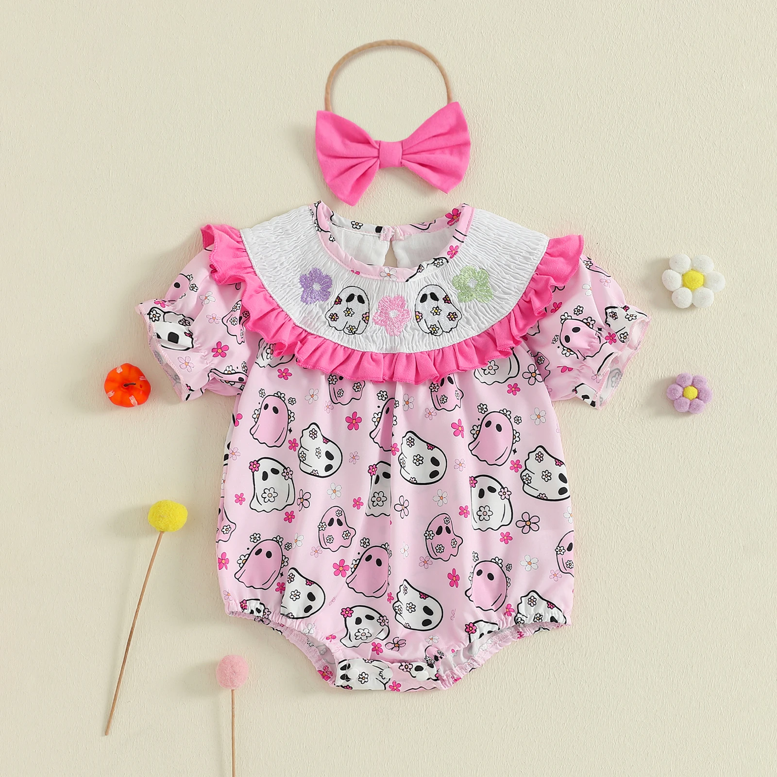 VISgogo Newborn Girl Bodysuits Outfit Short Sleeve Crew Neck Ghost Print Romper with Bow Hairband Halloween Clothes
VISgogo Newborn Girl Bodysuits Outfit Short Sleeve Crew Neck Ghost Print Romper with Bow Hairband Halloween Clothes
