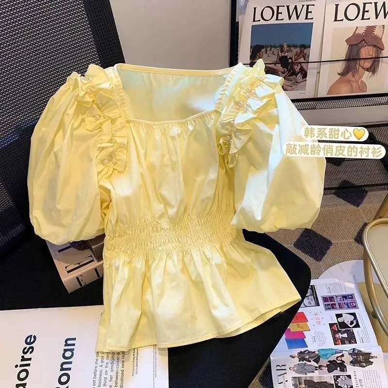 Summer Chiffon Short Sleeve T-Shirt Women Fashion Square Collar Beaded Ruffled Edge Top French Blouse Female Chiffon Shirt 2026
Summer Chiffon Short Sleeve T-Shirt Women Fashion Square Collar Beaded Ruffled Edge Top French Blouse Female Chiffon Shirt 2026