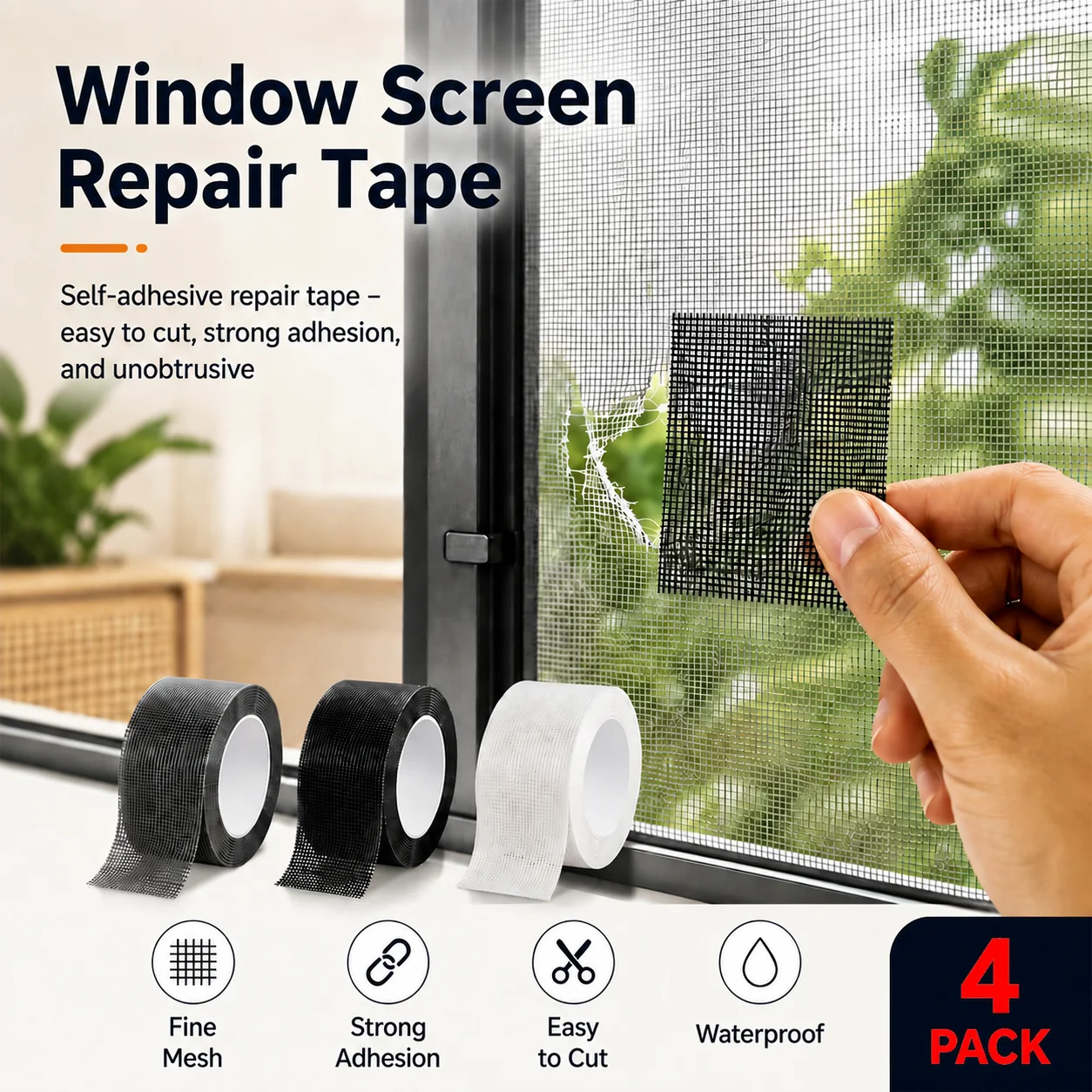 4-Pack Window Screen Repair Tape, Self-Adhesive Mesh Patch for Mosquito Net, Easy Cut Strong Adhesion Screen Fix 5cm x 2m
4-Pack Window Screen Repair Tape, Self-Adhesive Mesh Patch for Mosquito Net, Easy Cut Strong Adhesion Screen Fix 5cm x 2m