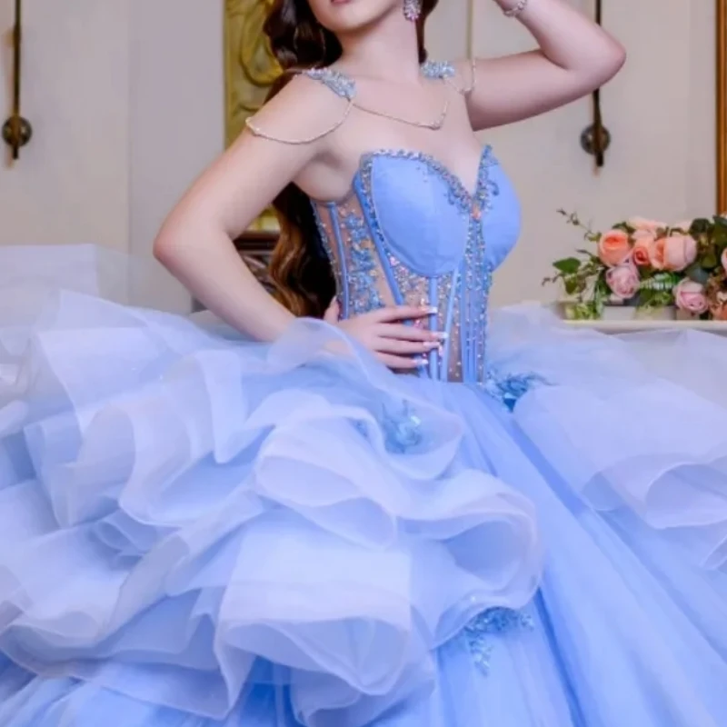 Custom Sky Blue Off Shoulder Crystal Applique Tiered Ball Gown Sweep Train Prom Party Dress Pageant 16 vestido de 15 quinceañera
Custom Sky Blue Off Shoulder Crystal Applique Tiered Ball Gown Sweep Train Prom Party Dress Pageant 16 vestido de 15 quinceañera