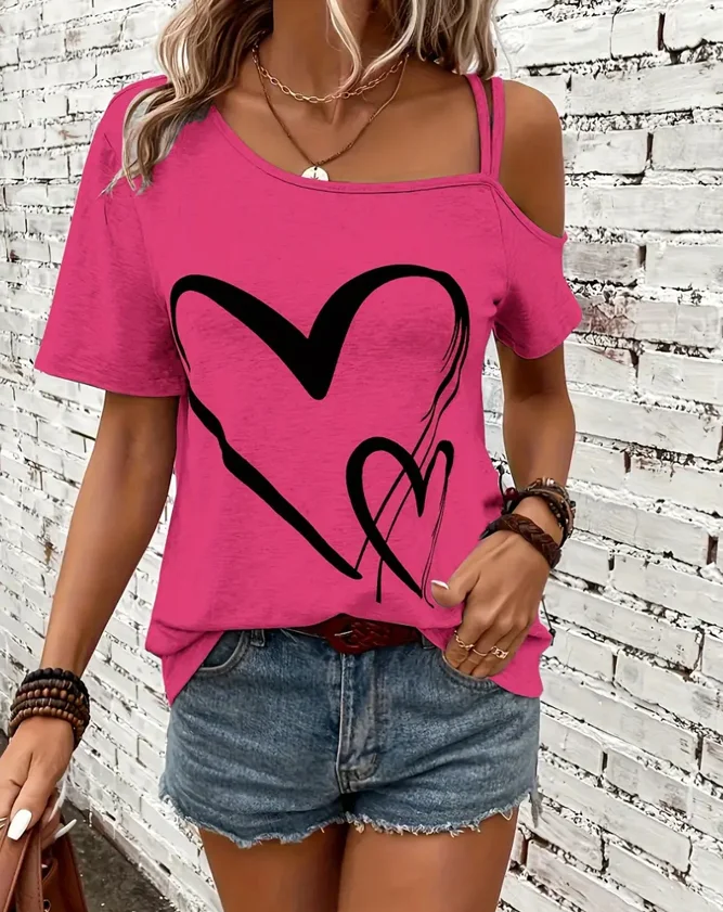 Women Casual Loose T-Shirt Female Dairy Clothing Summer New Fashion Women's Heart Pattern One Shoulder Short Sleeve Top
Women Casual Loose T-Shirt Female Dairy Clothing Summer New Fashion Women's Heart Pattern One Shoulder Short Sleeve Top