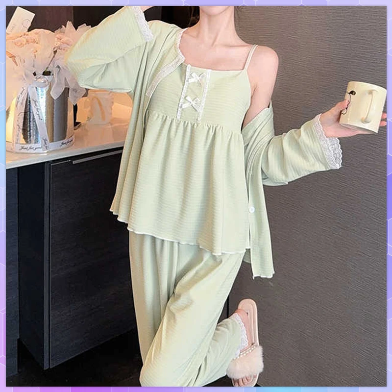 Summer Women's Pajamas With Pants Set Cami Sleepwear Sets Solid 3Pcs Spring Autumn Sexy Deep V Sling Pants Outer Home Wear Suit
Summer Women's Pajamas With Pants Set Cami Sleepwear Sets Solid 3Pcs Spring Autumn Sexy Deep V Sling Pants Outer Home Wear Suit