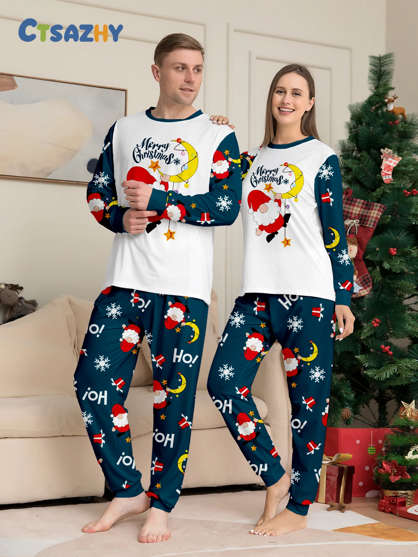 Cozy Christmas Couple Pajamas: 'Merry Christmas' Santa - Moon Themed Tops + Navy Santa & Snowflake Pants
Cozy Christmas Couple Pajamas: 'Merry Christmas' Santa - Moon Themed Tops + Navy Santa & Snowflake Pants