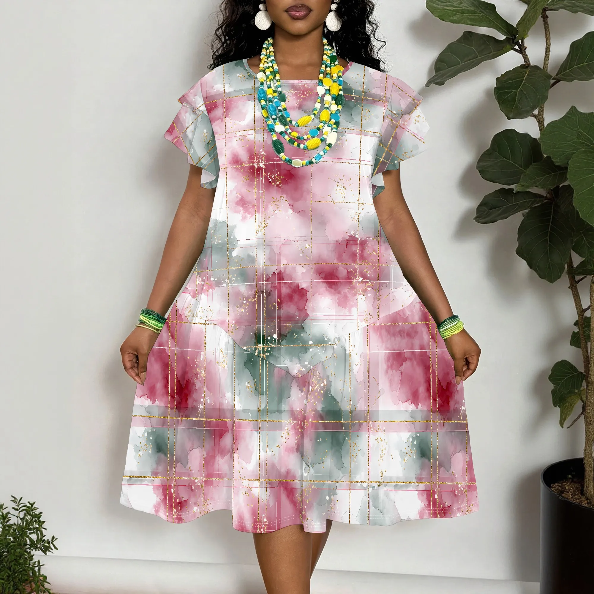 Short Sleeve, Printed Dress, Pink Floral Watercolor Print, Grid Pattern Abstract Art, Summer Beach Party Wear, XL-6XL
Short Sleeve, Printed Dress, Pink Floral Watercolor Print, Grid Pattern Abstract Art, Summer Beach Party Wear, XL-6XL