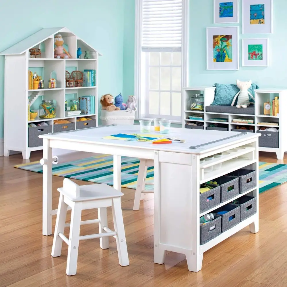 Children's Linen White Art Table and Chair Set: Wooden Craft Desk with Storage for Art Supplies and Paper Roll
Children's Linen White Art Table and Chair Set: Wooden Craft Desk with Storage for Art Supplies and Paper Roll