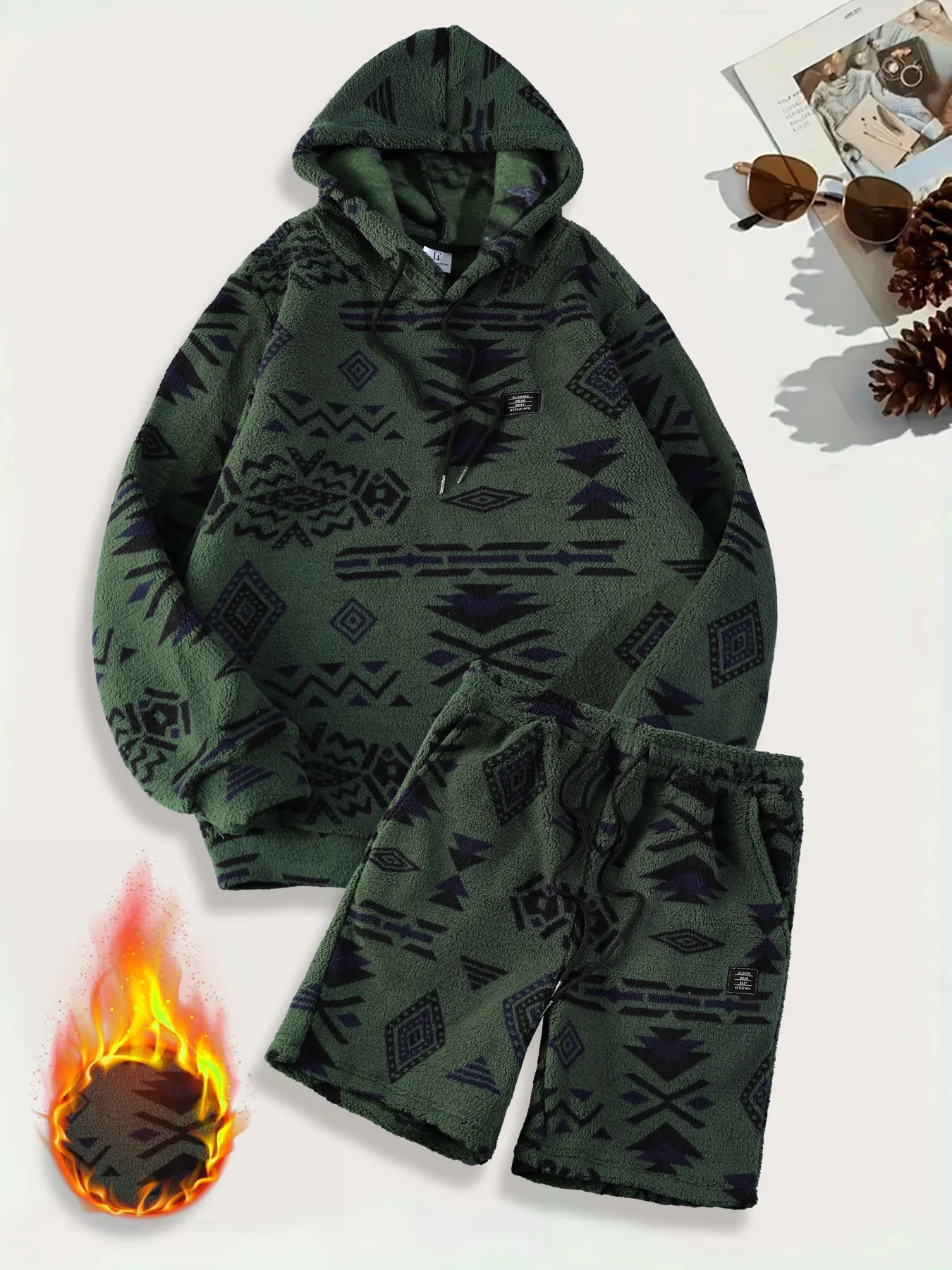 Men's Dark Green Geo Print Sherpa Fleece Hoodie & Shorts Set Winter Warm Casual 2 Piece Outfit
Men's Dark Green Geo Print Sherpa Fleece Hoodie & Shorts Set Winter Warm Casual 2 Piece Outfit