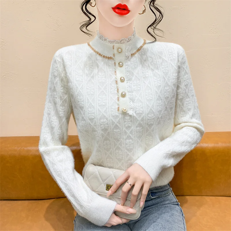 French Sle Lace Splice Long Sve Knitted Sweater Women's Autumn Winter New Drill Sweater Inner Wear Base irt Top
French Sle Lace Splice Long Sve Knitted Sweater Women's Autumn Winter New Drill Sweater Inner Wear Base irt Top