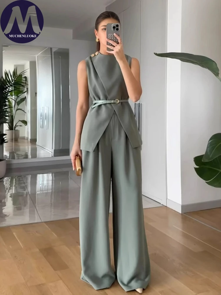 Two-piece Ladies Set Summer New Casual Sleeveless O Neck Belt Tops Suits Fashionable Loose High Waist Wide Leg Pants Sets
Two-piece Ladies Set Summer New Casual Sleeveless O Neck Belt Tops Suits Fashionable Loose High Waist Wide Leg Pants Sets