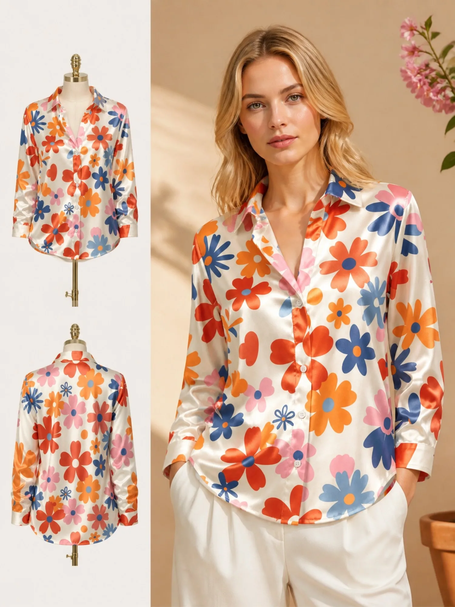 White Orange Blue Daisy Satin Blouse for Women Long Sleeve Button Down Shirt Retro Floral Casual Silky Top
White Orange Blue Daisy Satin Blouse for Women Long Sleeve Button Down Shirt Retro Floral Casual Silky Top