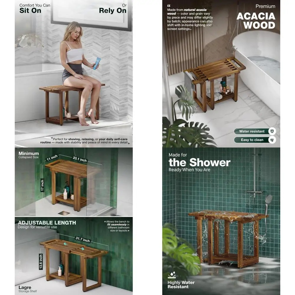 31.7'' Wood Shower Bench Stool with Storage, Handle, and Shower Holder - Waterproof for Bath and Spa Use
31.7'' Wood Shower Bench Stool with Storage, Handle, and Shower Holder - Waterproof for Bath and Spa Use