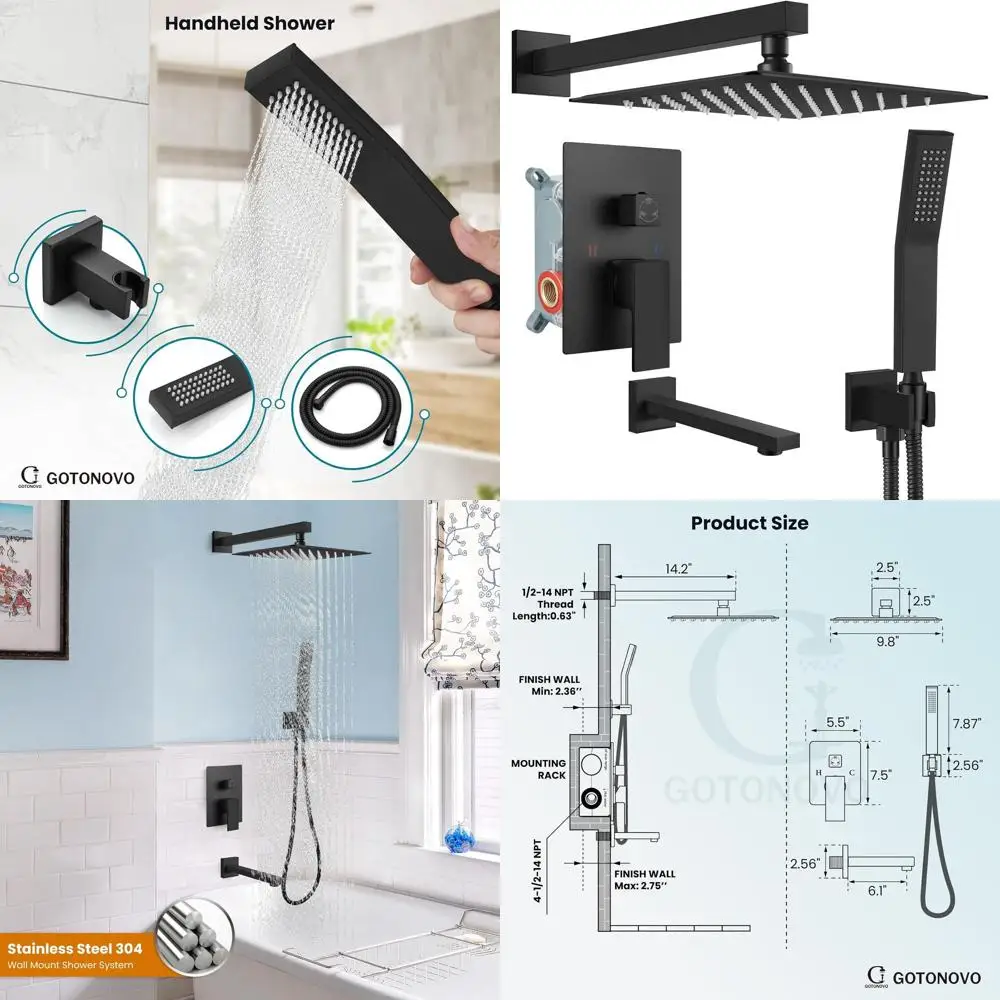 10 Inch Matte Black Wall-Mounted Rain Shower System with Tub Spout and Handle Combo Set
10 Inch Matte Black Wall-Mounted Rain Shower System with Tub Spout and Handle Combo Set
