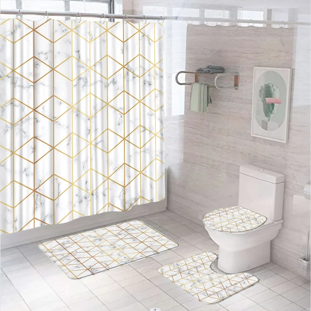 Marble Bathroom Shower Curtain Sets Golden Geometric Lines Modern Luxury Screen Non-Slip Bath Mat Pedestal Rug Lid Toilet Cover
Marble Bathroom Shower Curtain Sets Golden Geometric Lines Modern Luxury Screen Non-Slip Bath Mat Pedestal Rug Lid Toilet Cover