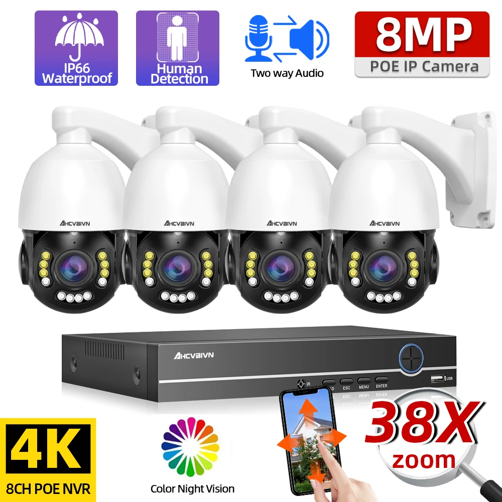 38X Zoom POE PTZ Camea System Kit 8CH 4K POE NVR Kit Color Night Vision Auto Tracking CCTV Video Surveillance Camera System Set
38X Zoom POE PTZ Camea System Kit 8CH 4K POE NVR Kit Color Night Vision Auto Tracking CCTV Video Surveillance Camera System Set