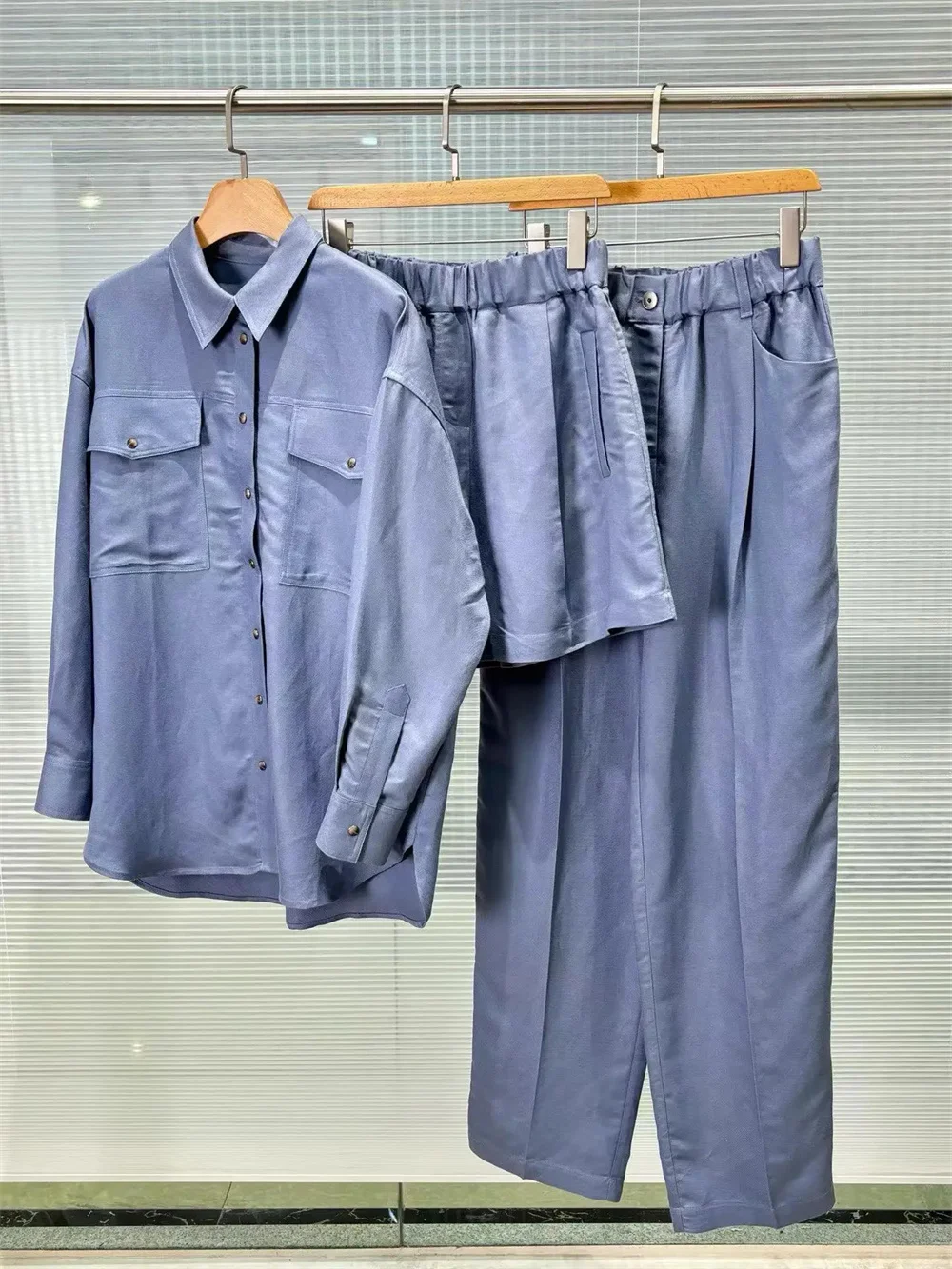 Women's Clothing Trousers Suit Blouse Blue Shirt Jacket And Elastic-Waist Pants 2 Piece Set
Women's Clothing Trousers Suit Blouse Blue Shirt Jacket And Elastic-Waist Pants 2 Piece Set