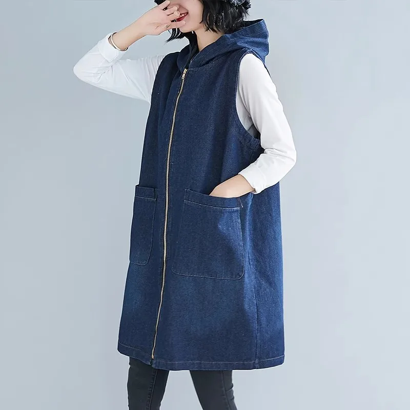 Vintage Denim vest Female 2024 Spring New Korean Mid-Length Sleeveless Hooded Jacket Women Loose Jeans Waistcoat Tops Tide H3078
Vintage Denim vest Female 2024 Spring New Korean Mid-Length Sleeveless Hooded Jacket Women Loose Jeans Waistcoat Tops Tide H3078