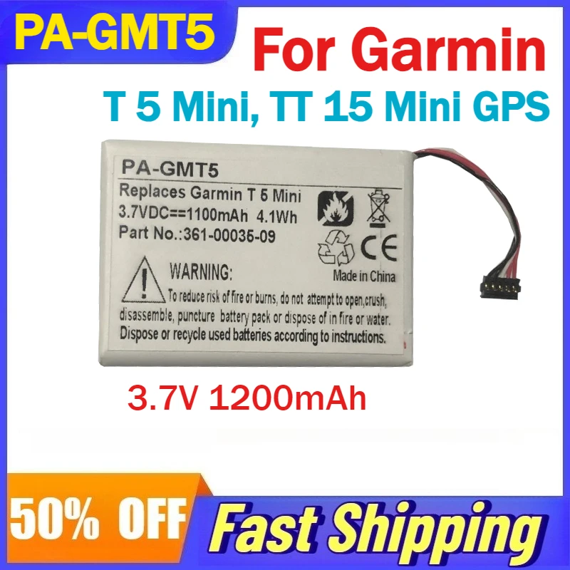 3.7V 1200mAh PA-GMT5 Rechargeable Li-Ion Battery for Garmin T 5 Mini, TT 15 Mini GPS Batteries 361-00035-09 Accessories
3.7V 1200mAh PA-GMT5 Rechargeable Li-Ion Battery for Garmin T 5 Mini, TT 15 Mini GPS Batteries 361-00035-09 Accessories
