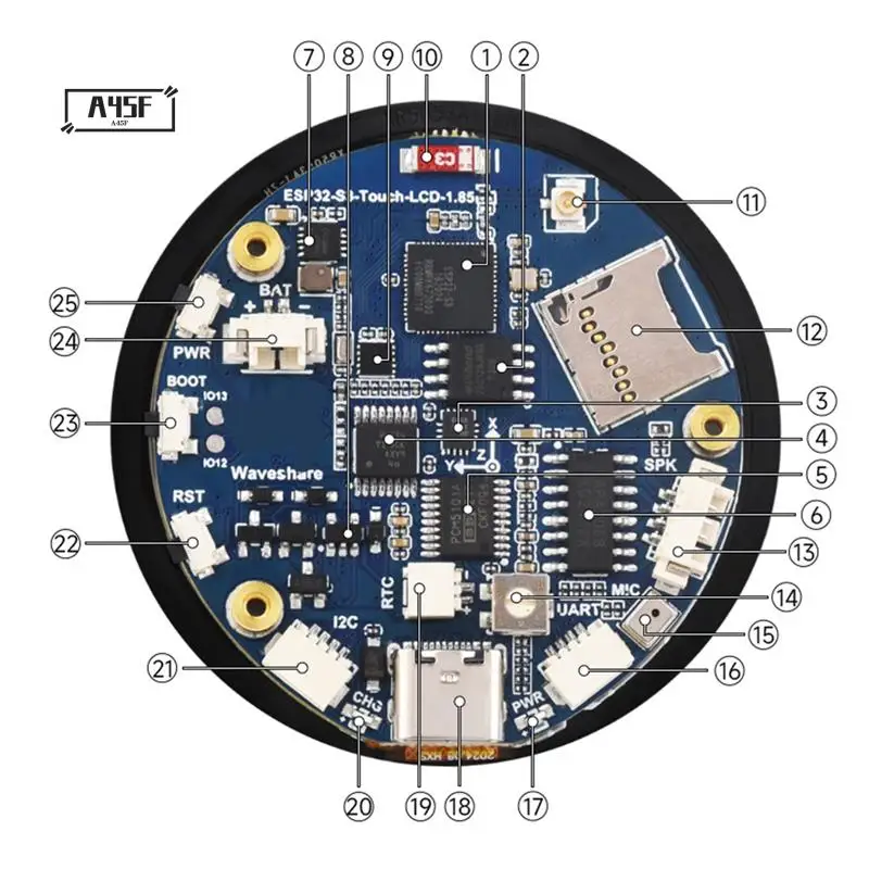 A45F-ESP32-S3 1,85-дюймовый круглый дисплей, макетная плата, 32-битный двухъядерный процессор LX7, экран 360X360 для Wi-Fi и Bluetooth
A45F-ESP32-S3 1,85-дюймовый круглый дисплей, макетная плата, 32-битный двухъядерный процессор LX7, экран 360X360 для Wi-Fi и Bluetooth