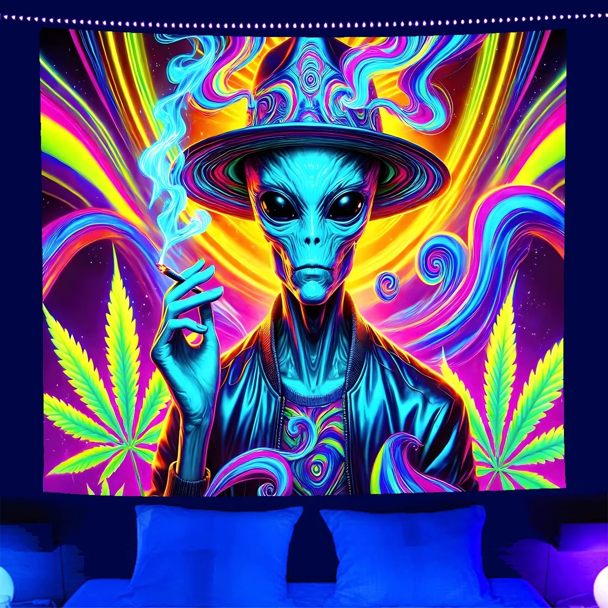 UV Reactive Trippy Alien Tapestry 2D Flat Printed Weed Leaf Blacklight Peach Skin Wall Hanging Fluorescent Dorm Bedroom Decor
UV Reactive Trippy Alien Tapestry 2D Flat Printed Weed Leaf Blacklight Peach Skin Wall Hanging Fluorescent Dorm Bedroom Decor