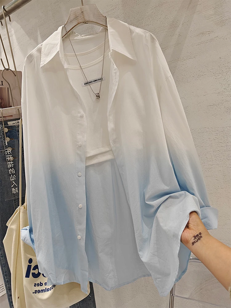 Women's Gradient Blue White Loose Casual Shirt Autumn New Design Outerwear Top Trendy Korean Style Long Sleeve Button up
Women's Gradient Blue White Loose Casual Shirt Autumn New Design Outerwear Top Trendy Korean Style Long Sleeve Button up
