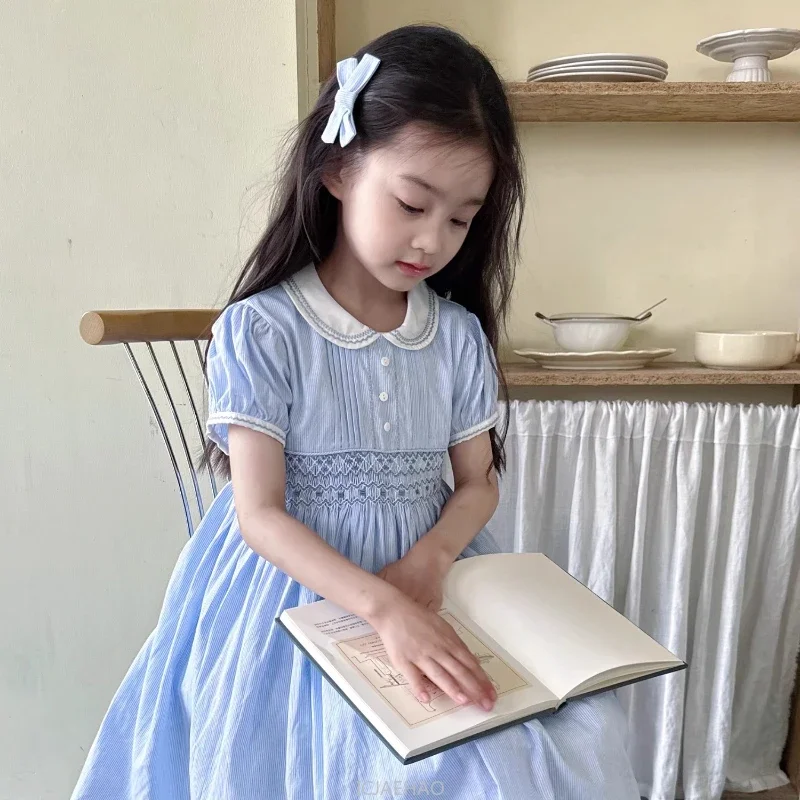 Girls Retro Blue Stripe VintageElegant Simple Cute Style Holiday Travel Hand Smocked Sundress Summer Simple Holiday Casual
Girls Retro Blue Stripe VintageElegant Simple Cute Style Holiday Travel Hand Smocked Sundress Summer Simple Holiday Casual