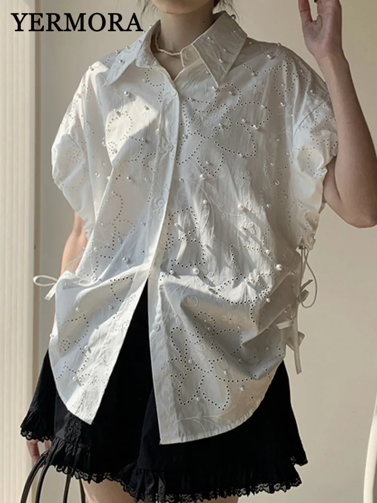YERMORA White Beaded Hollow Out Drawstring Blouse For Women Lapel Half Sleeve Loose New Shirt Fahsion Tide Srping Summer 2025
YERMORA White Beaded Hollow Out Drawstring Blouse For Women Lapel Half Sleeve Loose New Shirt Fahsion Tide Srping Summer 2025