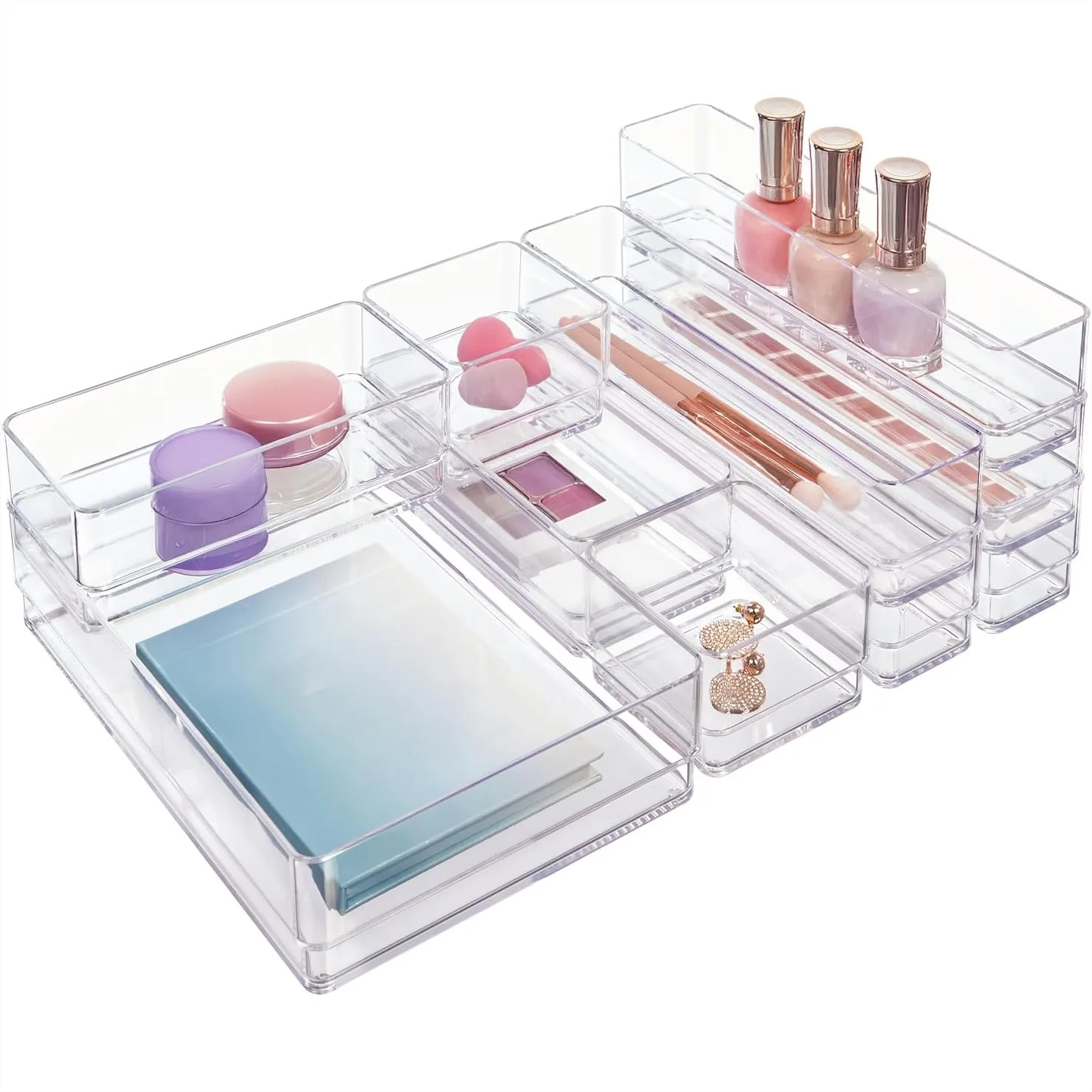 Clear Drawer Organizer Set 10-Piece Stackable Trays for Makeup Vanity Office Desk Storage BPA-Free USA Made
Clear Drawer Organizer Set 10-Piece Stackable Trays for Makeup Vanity Office Desk Storage BPA-Free USA Made