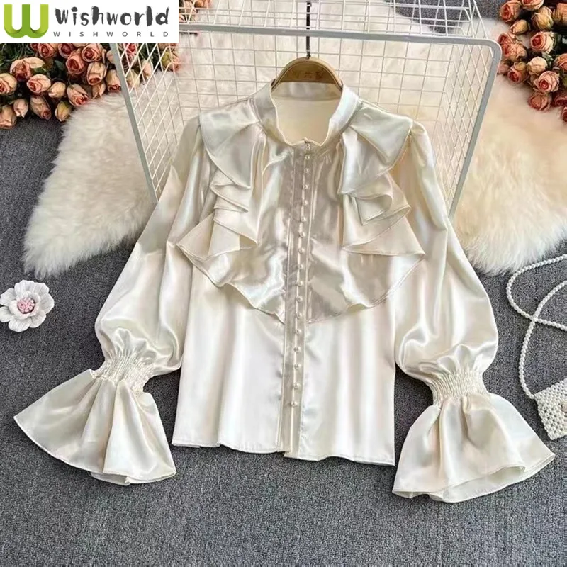 Vintage Style Flared Sleeve Stand Up Collar Acetate Satin Shirt with French Design and Western Style Loose Top
Vintage Style Flared Sleeve Stand Up Collar Acetate Satin Shirt with French Design and Western Style Loose Top