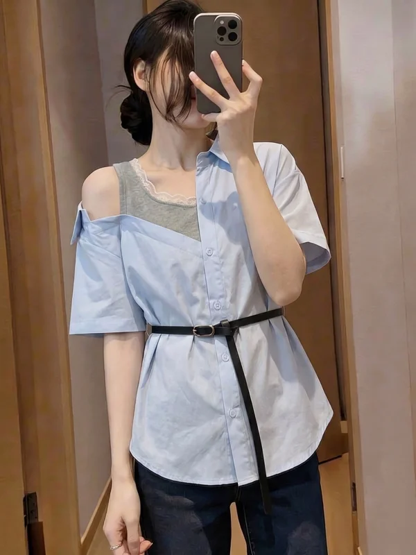 Women's V-Neck Short Sleeve Shirt Midi Waist Cinched Summer New Style plus Size Korean Version Commute Wind Loose Fit Blouse
Women's V-Neck Short Sleeve Shirt Midi Waist Cinched Summer New Style plus Size Korean Version Commute Wind Loose Fit Blouse