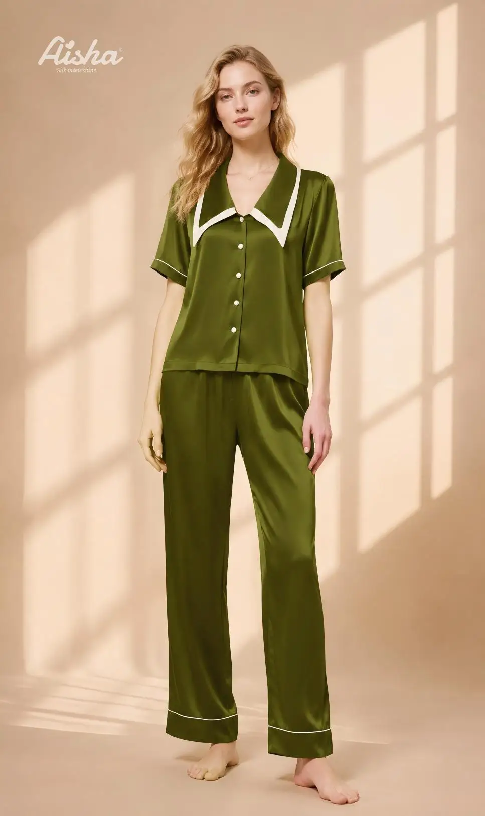 Aisha 6A Grade 19 Momme 100% Mulberry Silk Pajama Set for Women, Short Sleeve Contrast Trim Notched Collar Luxury Loungewear, Loose Breathable 2-Piece Sleepwear Set
Aisha 6A Grade 19 Momme 100% Mulberry Silk Pajama Set for Women, Short Sleeve Contrast Trim Notched Collar Luxury Loungewear, Loose Breathable 2-Piece Sleepwear Set
