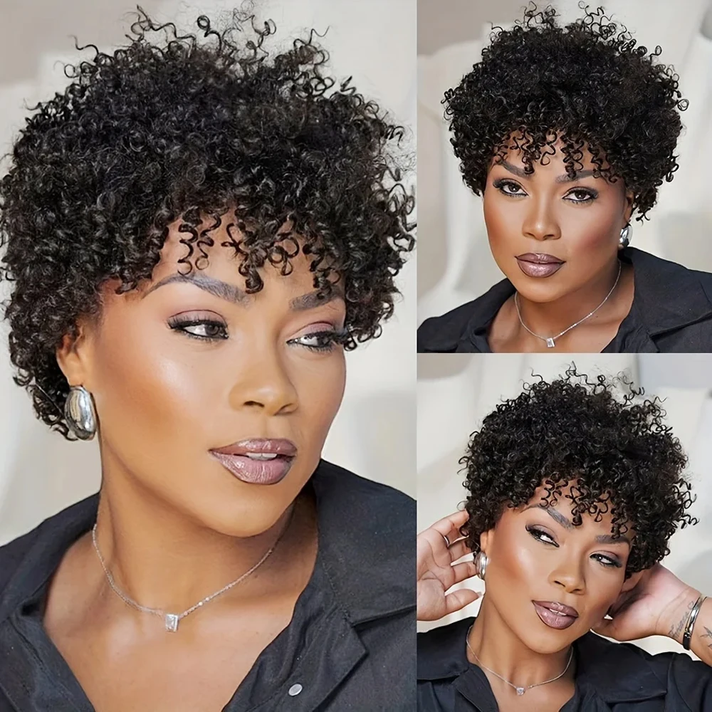 Short Pixie Afro Kinky Curly Wig Full Machine-made Wig with Bangs Remy Human Hair Wigs Jerry Curly For Women use
Short Pixie Afro Kinky Curly Wig Full Machine-made Wig with Bangs Remy Human Hair Wigs Jerry Curly For Women use