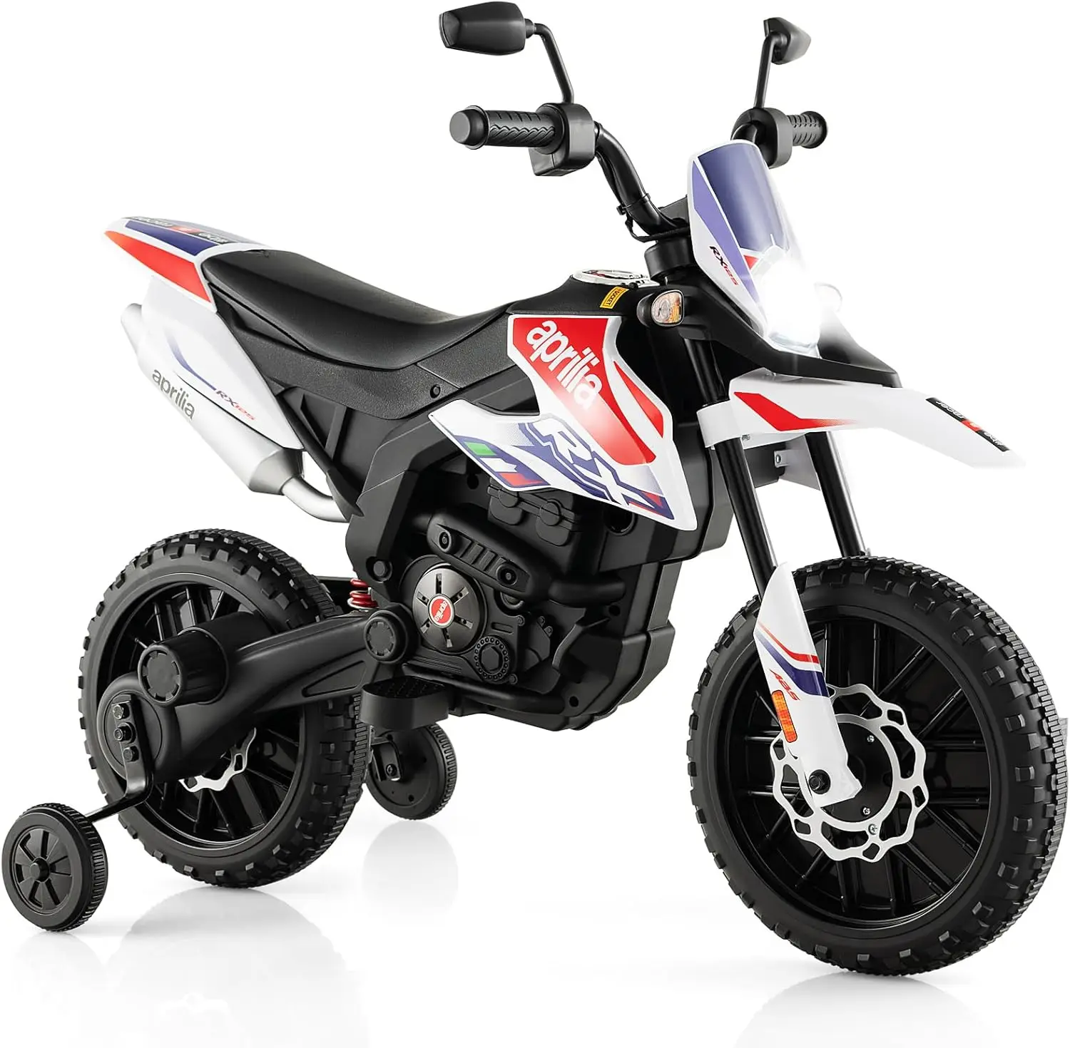 Kids Electric Dirt Bike, Aprilia RX125 Licensed 12V Ride-on with Training Wheels, Suspension, Bluetooth & Lights
Kids Electric Dirt Bike, Aprilia RX125 Licensed 12V Ride-on with Training Wheels, Suspension, Bluetooth & Lights