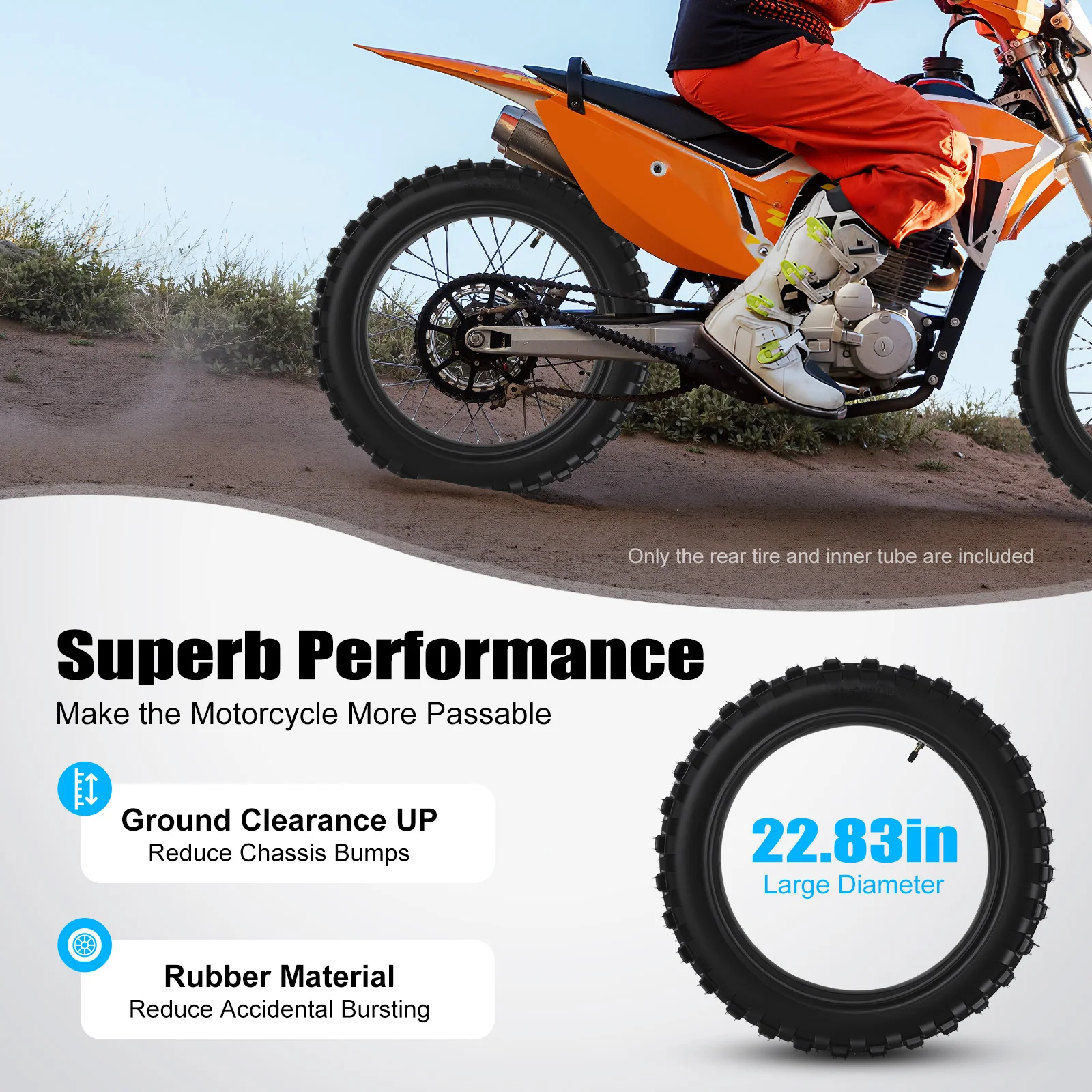 90/100-16 Rear Tire & Inner Tube for Off-Road Motorcycles/Bicycles, 4PR Durable Rubber,51M Load Index, 22.83"x3.85" Size 
90/100-16 Rear Tire & Inner Tube for Off-Road Motorcycles/Bicycles, 4PR Durable Rubber,51M Load Index, 22.83"x3.85" Size
