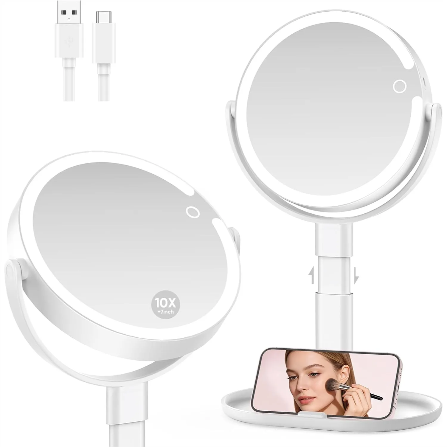 Lighted Makeup Mirror with 10X Magnification, Rechargeable LED Vanity Mirror with 3 Light Modes, Adjustable Height, Storage Base
Lighted Makeup Mirror with 10X Magnification, Rechargeable LED Vanity Mirror with 3 Light Modes, Adjustable Height, Storage Base